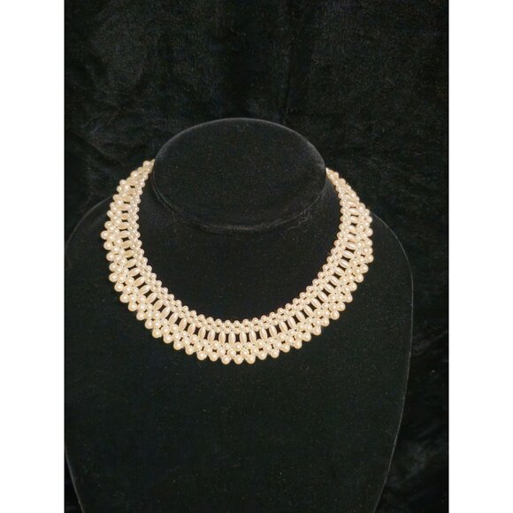 Vintage Gold-Toned Pearl & Rhinestone Choker Necklace With Elegant Layered Desig - Picture 6 of 8